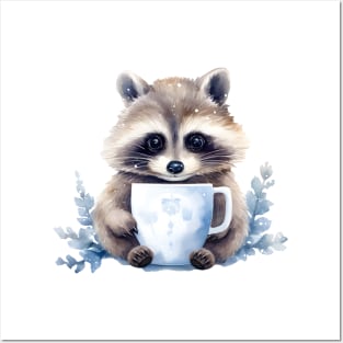 Chubby Raccoon with a cup of coffee winter watercolor Posters and Art